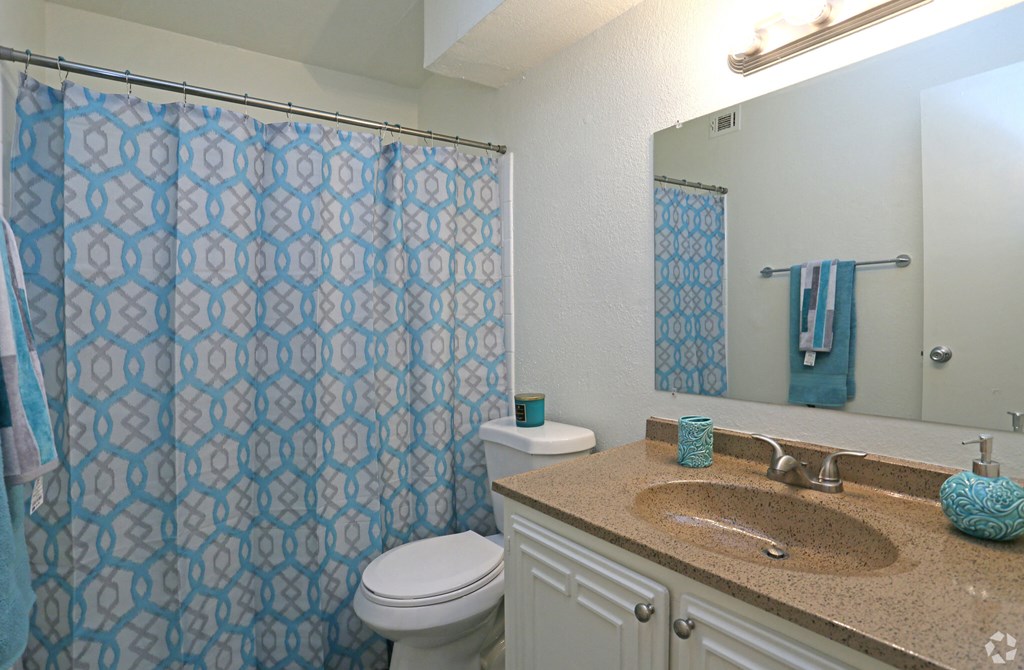 a bathroom with a blue shower curtain and a white toilet
