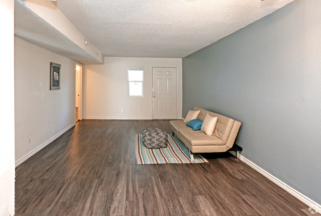 a living room with a couch and a rug