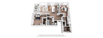 A 3D floor plan of a house with a kitchen, living room, and bedrooms.