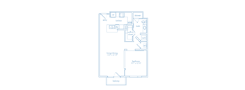 A floor plan of a small apartment with a living/dining area, kitchen, bathroom, bedroom, and balcony.