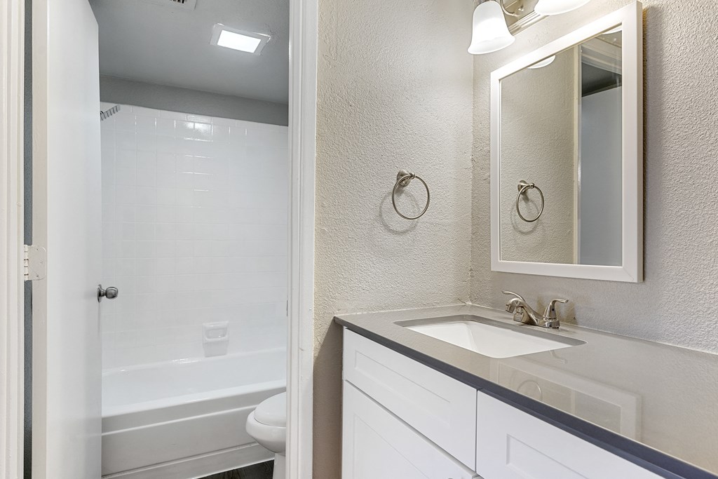 a bathroom with a sink and a shower and a mirror