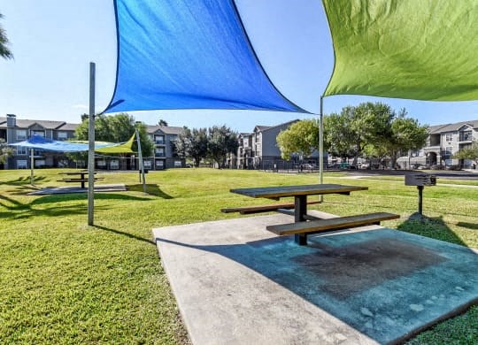 a picnic area with picnic tables and umbrellas