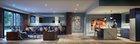 A modern kitchen and living room with a brick wall and a large window.