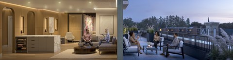 two views of a living room and a balcony with a view of the city