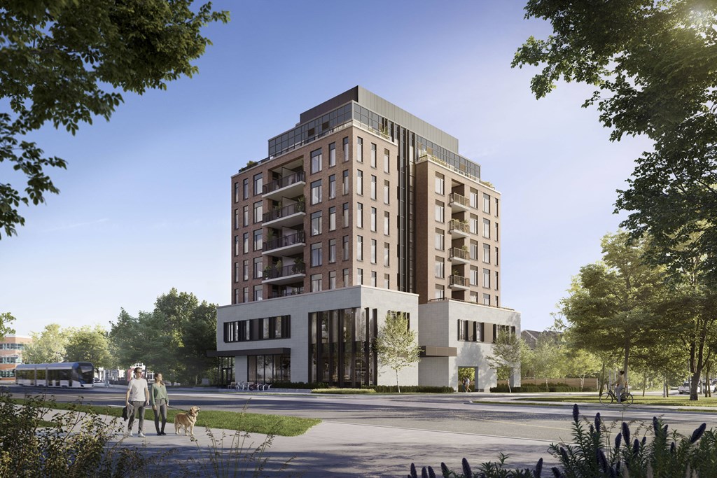 a rendering of a tall building with a street in front of it