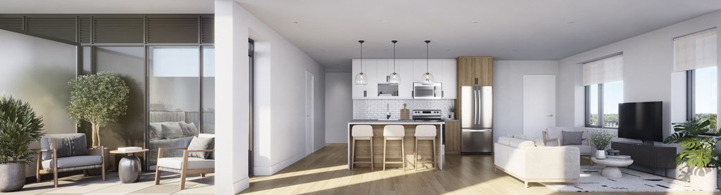 a rendering of a living room and kitchen in an apartment