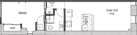 A floor plan of Suite 202 shows a bedroom, closet, fridge, and garbage disposal.