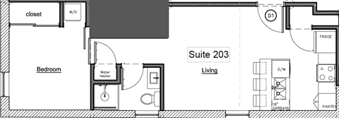 A floor plan of Suite 203 shows a bedroom, living room, and bathroom.