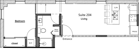 A floor plan of Suite 204 Living shows a bedroom, closet, and bathroom.