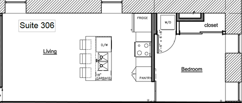 A floor plan for Suite 306 shows a living room, bedroom, pantry, and closet.