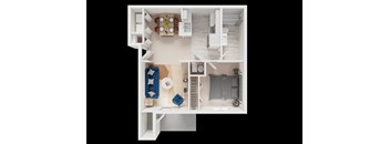 A top-down view of a room with a dining table, chairs, a couch, a bookshelf, and a kitchen area.
