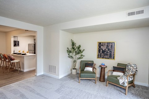 A living room with a grey carpet and a green chair.