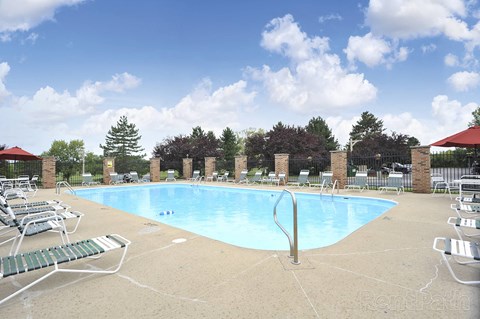 Swimming pool at Golfview Apartments surrounded by lounge chairs and trees.