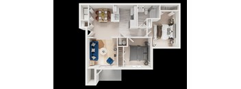A white dollhouse with a kitchen, living room, and bathroom.