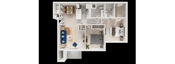 A top-down view of a small apartment with a kitchen, living room, and bedroom.