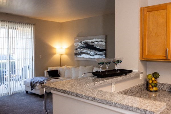 A kitchen with granite countertops and a painting on the wall.