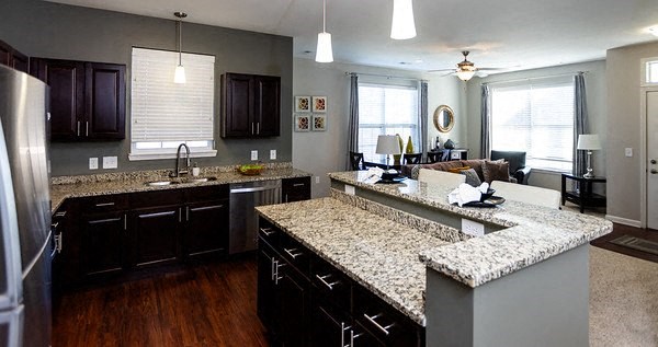 A kitchen with a marble countertop and dark wood cabinets.