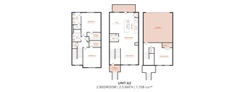 A floor plan of a 2 bedroom apartment with 2.5 bathrooms and a total area of 1,708 sqft.