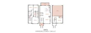 A floor plan of a 3 bedroom apartment with 2.5 bathrooms.