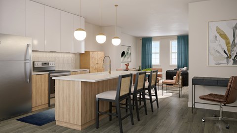 A kitchen with a refrigerator, sink, and chairs.
