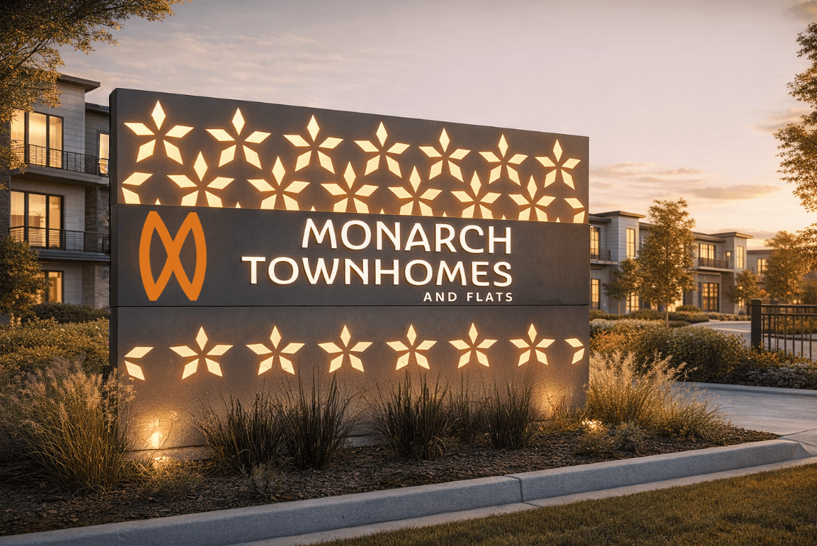 A sign for Monarch Townhomes and flats is lit up at dusk.