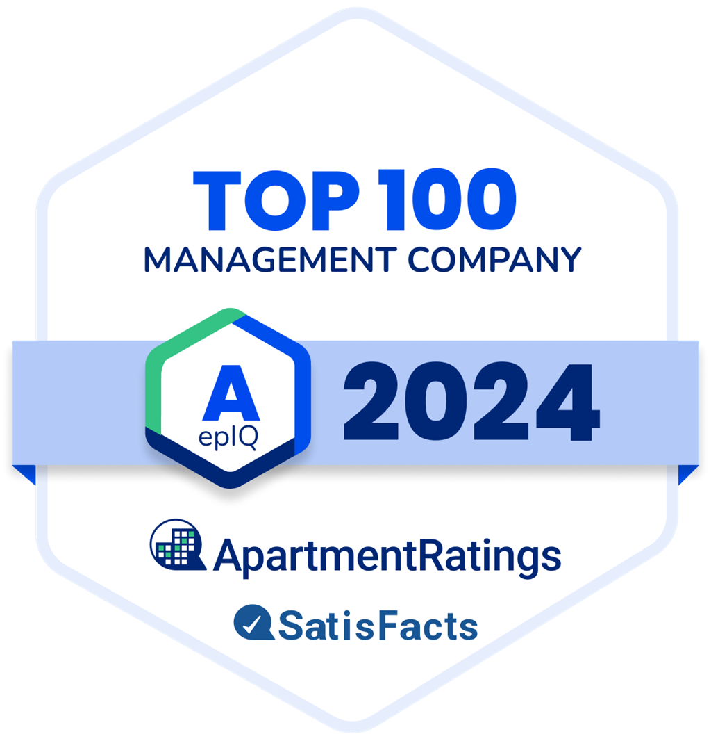 The image displays an award badge indicating that a management company has been recognized as one of the top 100 in 2024 by ApartmentRatings and Satisfacts.