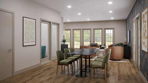 A dining room table surrounded by six green chairs, next to a seating area, on hardwood-style flooring.