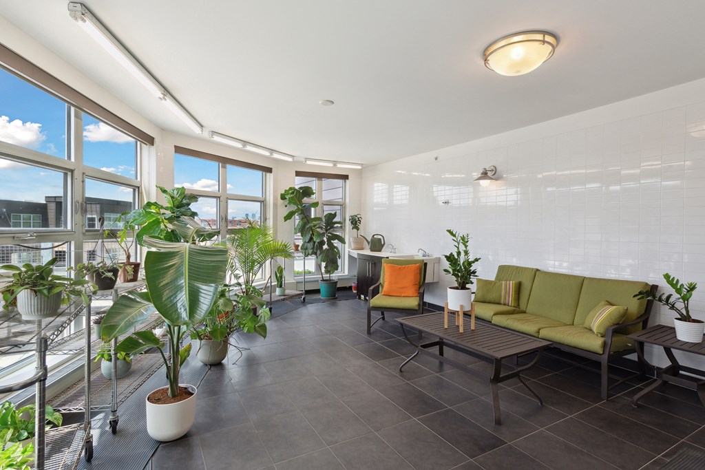 a living room filled with plants and a green couch