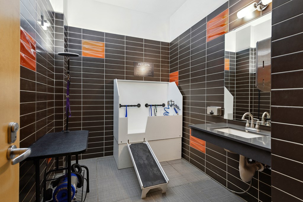 a disabled bathroom with a bench and sink