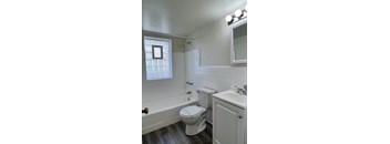 a bathroom with a toilet and a bath tub and a sink