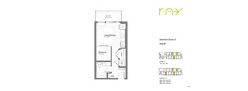 A floor plan for a rental apartment with a living/dining area, a sleeping area, and a bathroom.