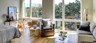 Flat B studio apartment with large windows at Coze Flats with couch, accent chair, desk and queen sized bed - Photo Gallery