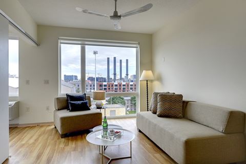View of Mississippi River from the Flat H living area, 1 bedroom floor plan at Coze Flats
