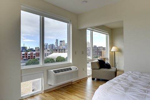 Skyline view of downtown Minneapolis from the Flat H, 1 bedroom floor plan at Coze Flats