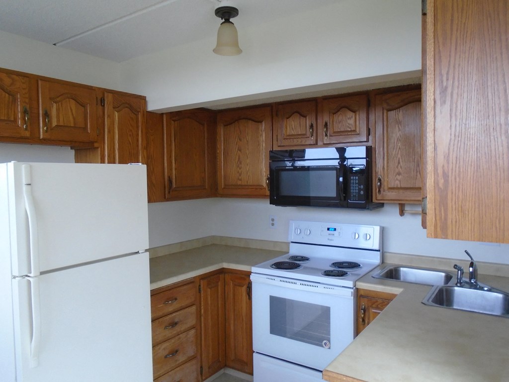 Kitchen with microwave, oven, stovetop and fridge at John Snell Apartments