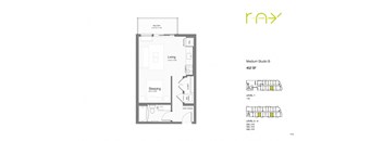 A floor plan for a medium studio apartment with a living room, sleeping area, and bathroom.