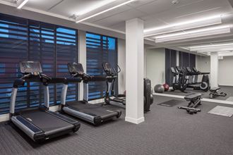 fitness room with grey carpet, two treadmills, elliptical machine and bench