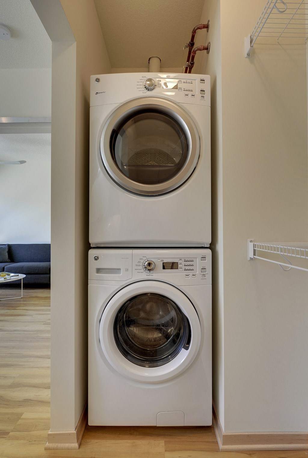 Washer dryer stack in the closet of Flat E at Coze Flats