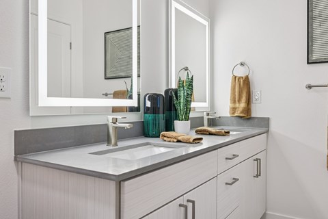 A bathroom with a white sink and a mirror above it.