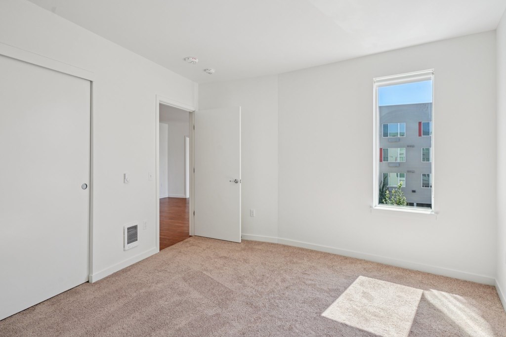 A room with a carpet, a window, and a door.