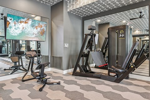 A gym with a treadmill, exercise bike, and a television.