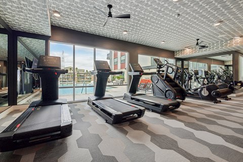 A gym with treadmills, elliptical machines, and a fan.