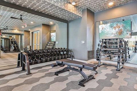 A gym with a variety of equipment including dumbbells, weight machines, and a bench.