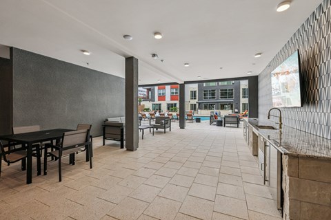 A large open space with tables and chairs.