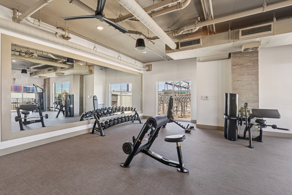 A gym with a variety of equipment including weights and a rowing machine.