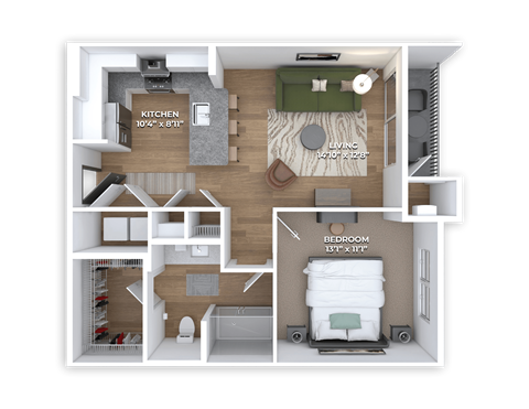 A 3D floor plan of a small apartment with a kitchen, living room, and bedroom.