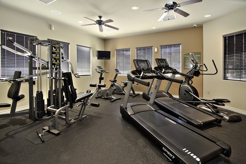 A spacious gym with a variety of equipment including treadmills, elliptical machines, and weight machines.