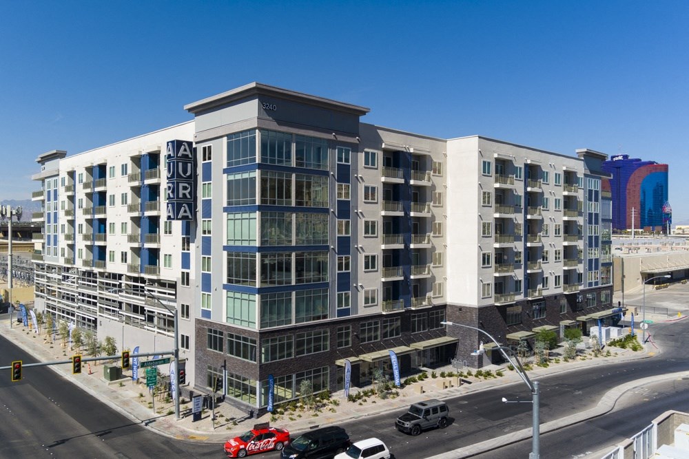 an aerial view of an apartment building on a city street at Aura Vegas Apartments, Nevada, 89103