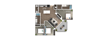A floor plan of a house with a kitchen, two bedrooms, and a living area.