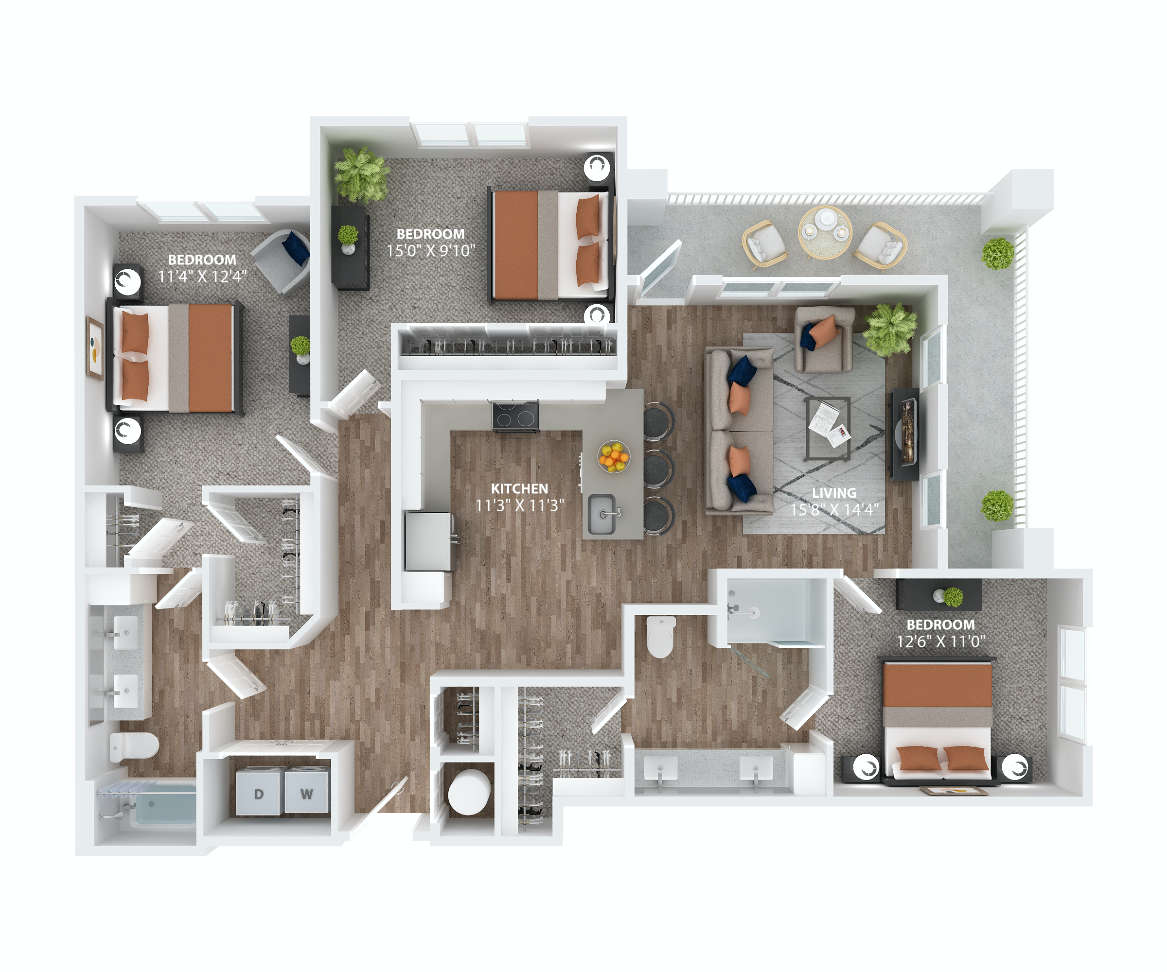 Three bedroom apartment floorplan at The Overlook at Winter Garden, FL